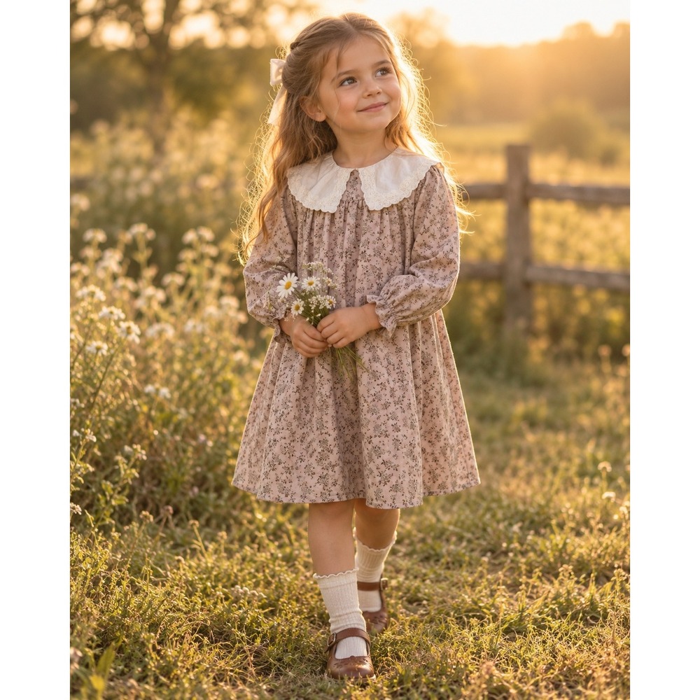 Floral Long Sleeve Dress Girls Tan Prairie Cottagecore Lace Collar Sz 6 Portrait